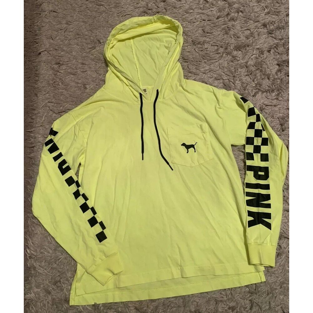 NWT VICTORIA'S SECRET PINK NEON CHECKERED PERFECT CAMPUS PULLOVER HOODIE XS Dog